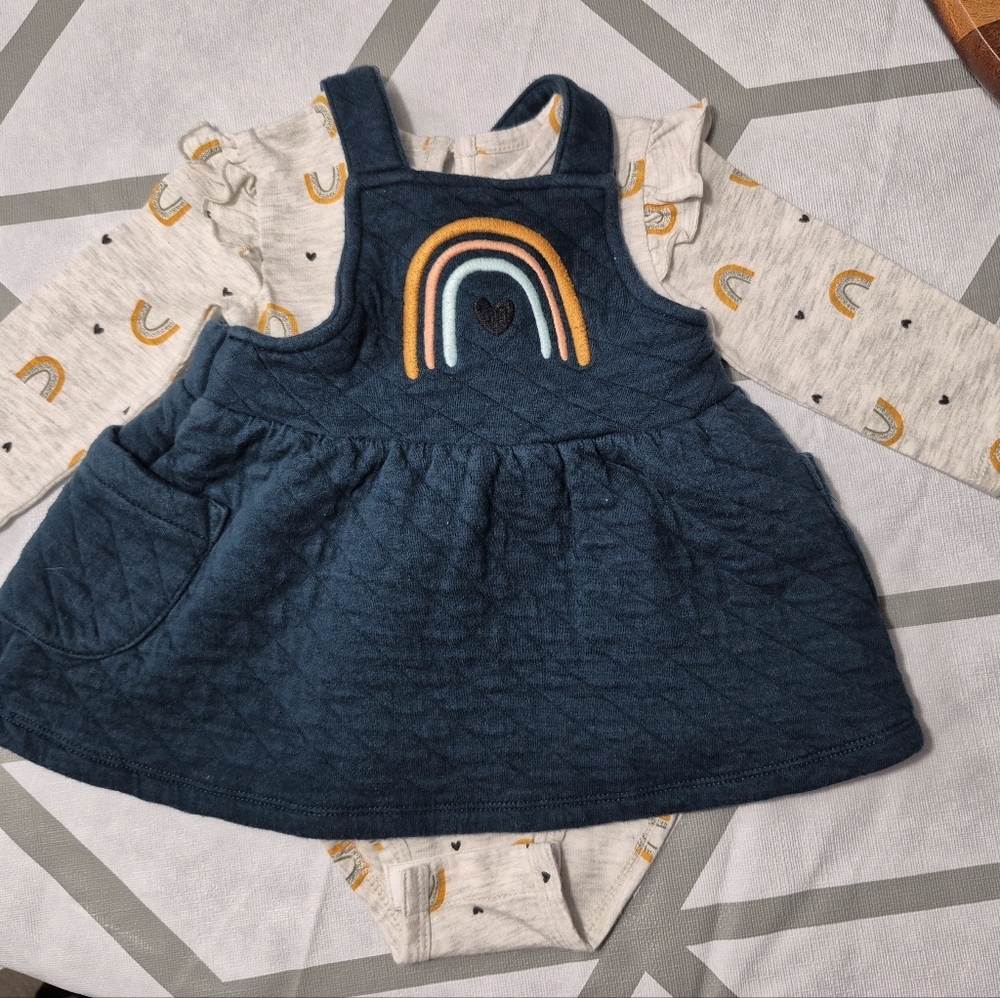 Green Overall baby dress with rainbow design 3-6 months